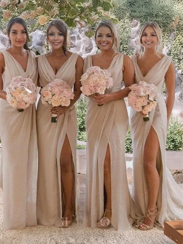 Vestido de Dama de Honor Champagne con Abertura Lateral