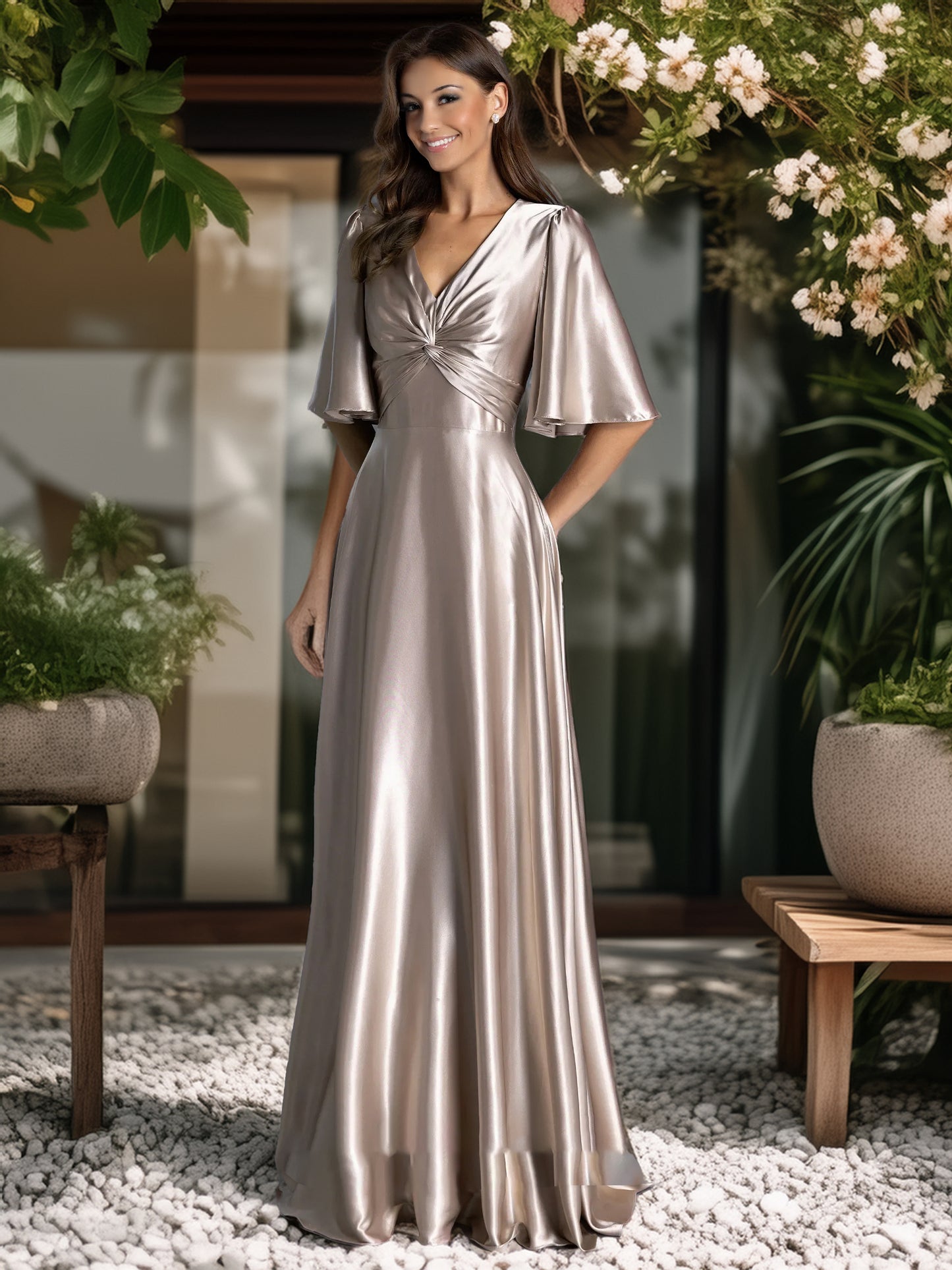 Vestido Largo Satinado Champagne con Mangas Tipo Capa