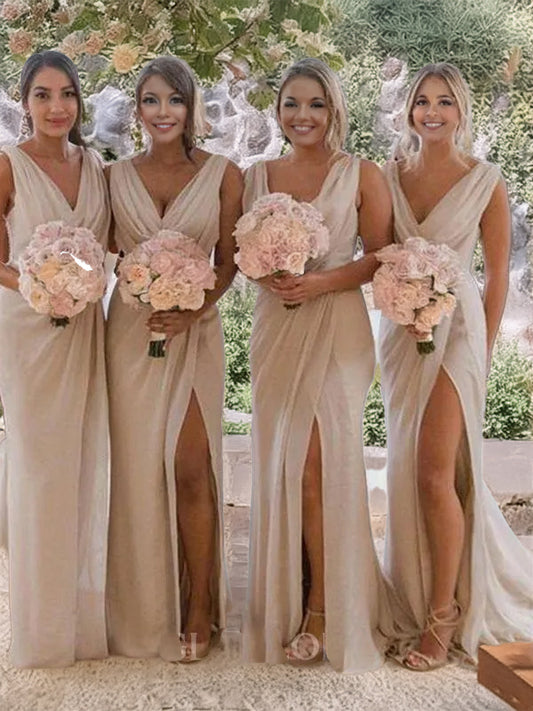 Vestido de Dama de Honor Champagne con Abertura Lateral