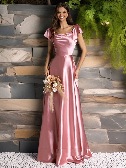 Vestido Largo Satinado Rosa Viejo con Escote Drapeado y Mangas Voladas