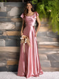 Vestido Largo Satinado Rosa Viejo con Escote Drapeado y Mangas Voladas