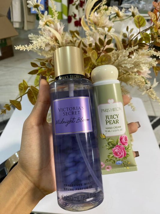 COMBO VICTORIA'S SECRET MIDNIGHT BLOOM Y CREMA DE MANOS PARIS HILTON JUICY PEAR
