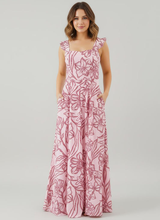 Vestido largo floral con volantes