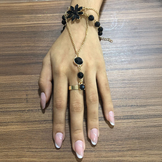 Pulsera Anillo Doble Cadena con Detalles en Negro